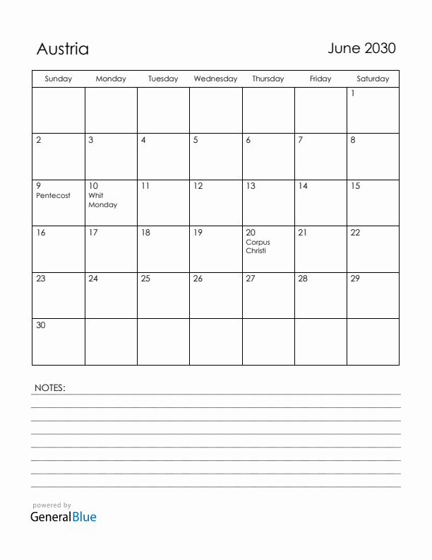 June 2030 Austria Calendar with Holidays (Sunday Start)
