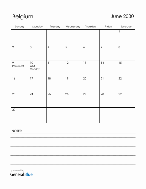 June 2030 Belgium Calendar with Holidays (Sunday Start)
