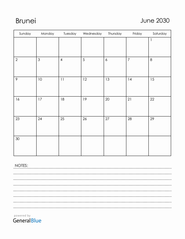 June 2030 Brunei Calendar with Holidays (Sunday Start)