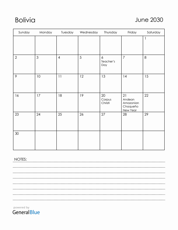 June 2030 Bolivia Calendar with Holidays (Sunday Start)