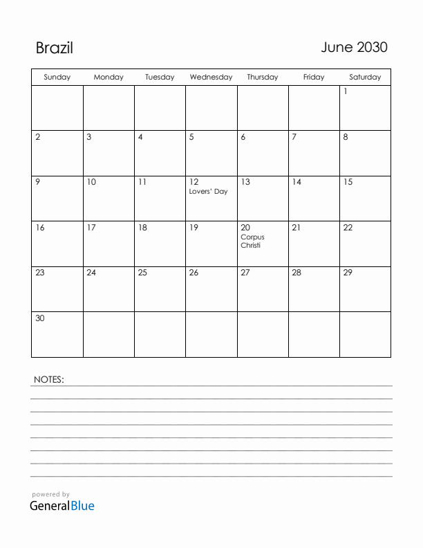 June 2030 Brazil Calendar with Holidays (Sunday Start)