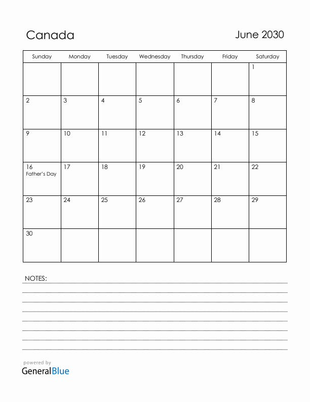 June 2030 Canada Calendar with Holidays (Sunday Start)
