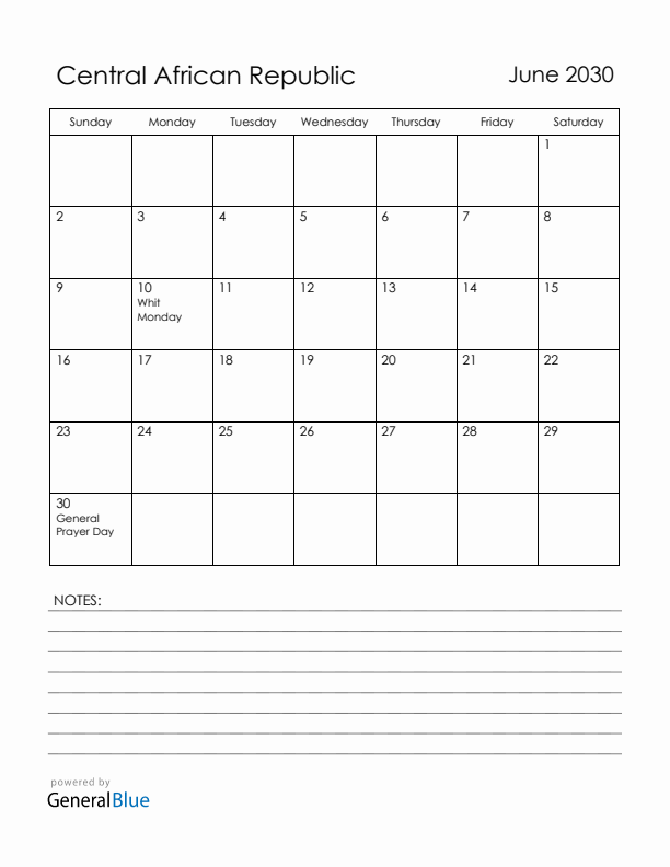 June 2030 Central African Republic Calendar with Holidays (Sunday Start)