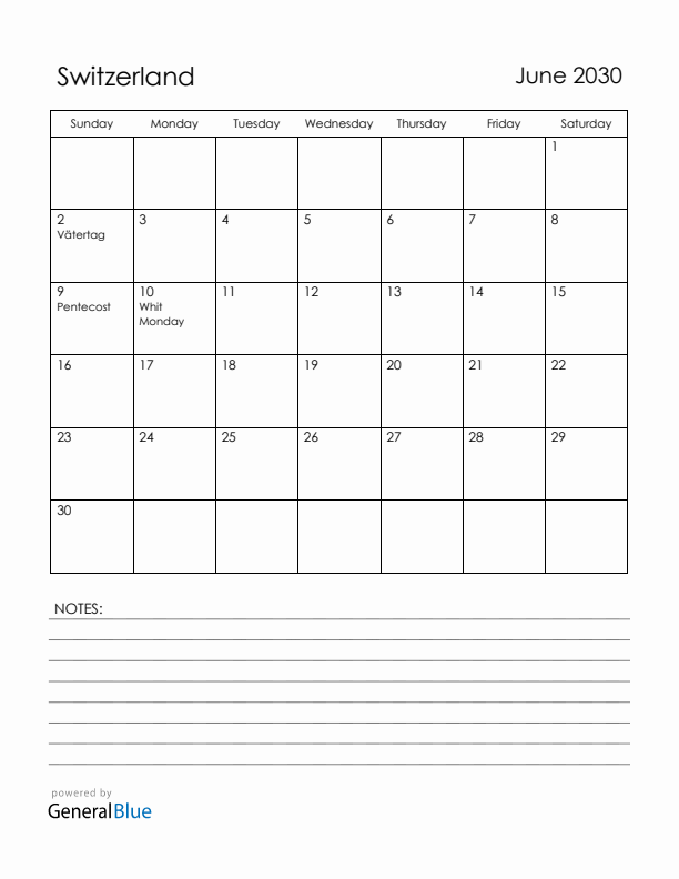 June 2030 Switzerland Calendar with Holidays (Sunday Start)
