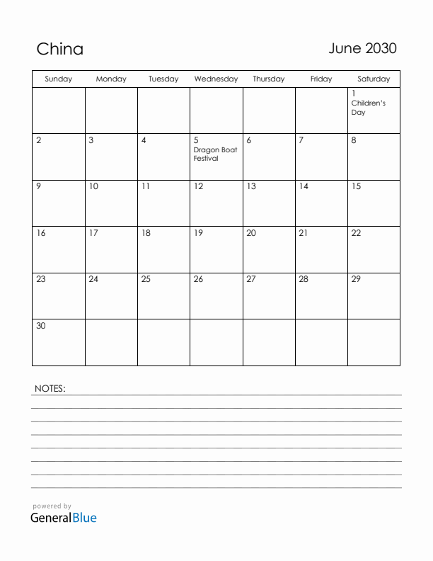 June 2030 China Calendar with Holidays (Sunday Start)