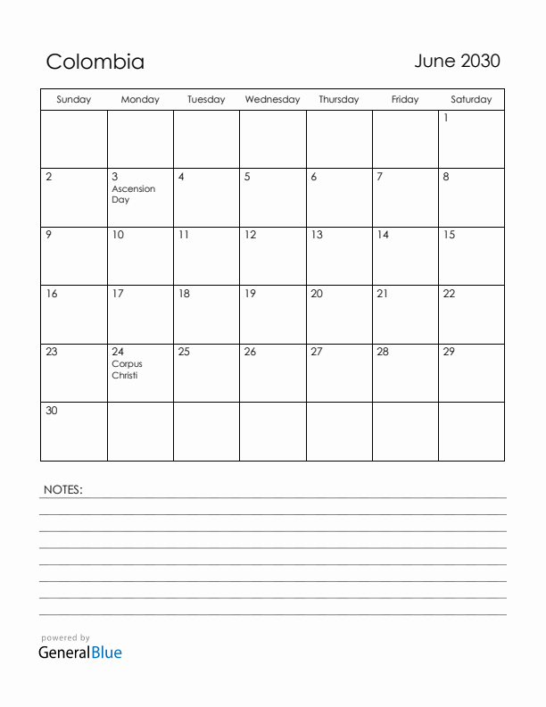 June 2030 Colombia Calendar with Holidays (Sunday Start)