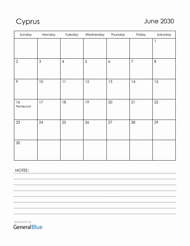 June 2030 Cyprus Calendar with Holidays (Sunday Start)