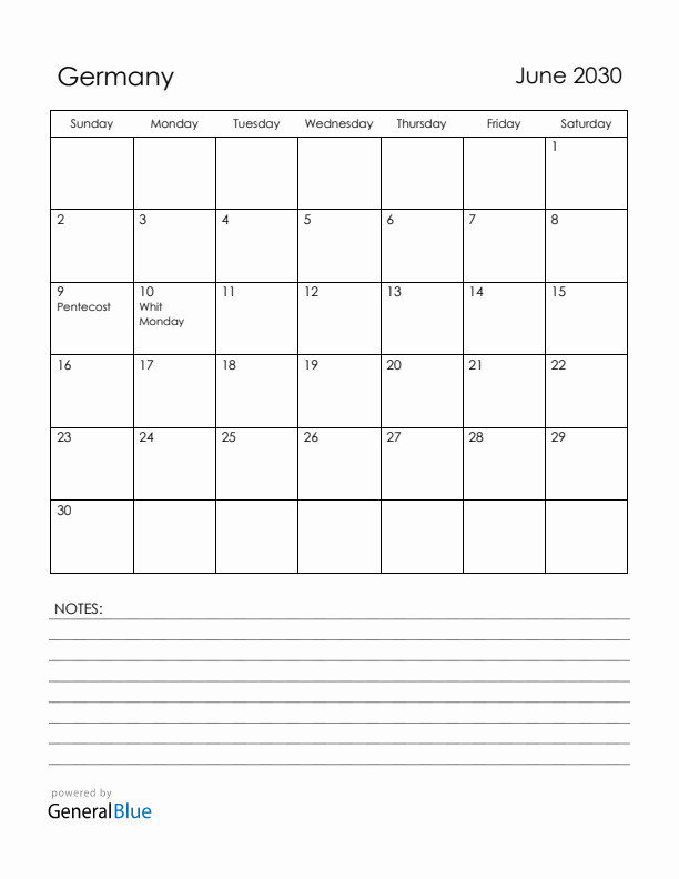 June 2030 Germany Calendar with Holidays (Sunday Start)