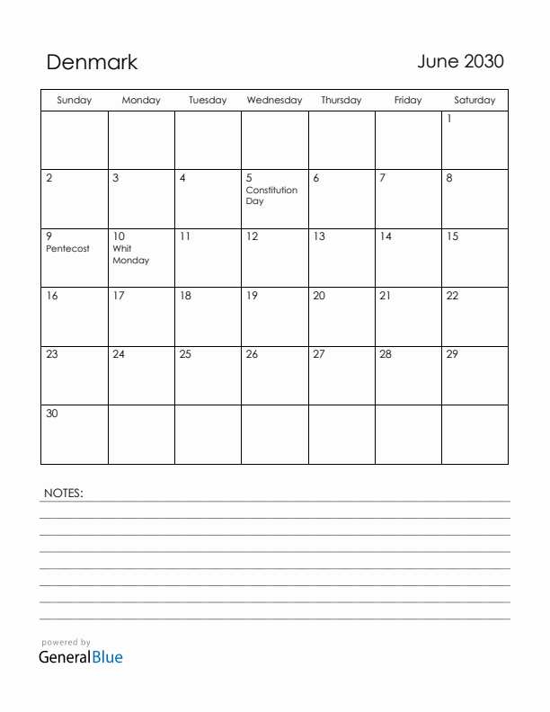 June 2030 Denmark Calendar with Holidays (Sunday Start)