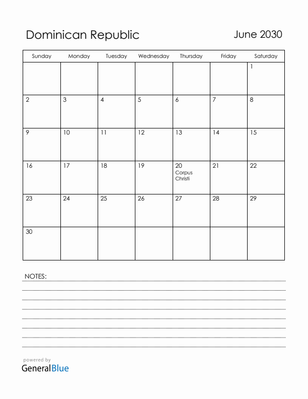 June 2030 Dominican Republic Calendar with Holidays (Sunday Start)