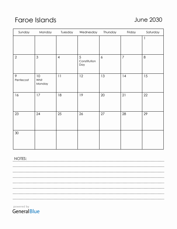 June 2030 Faroe Islands Calendar with Holidays (Sunday Start)