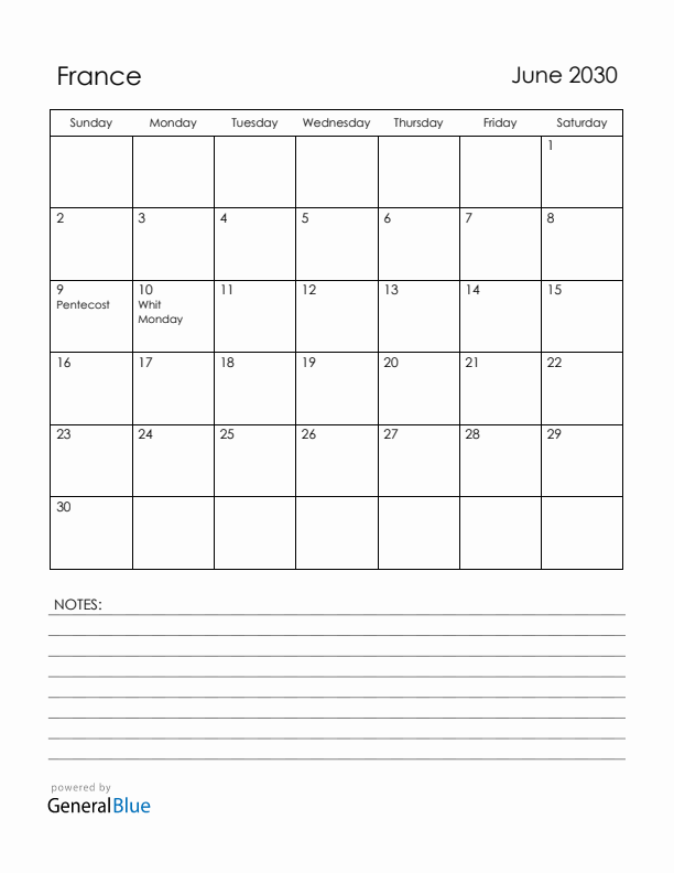 June 2030 France Calendar with Holidays (Sunday Start)