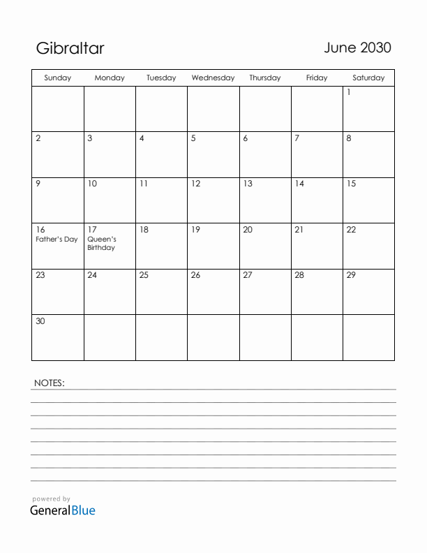 June 2030 Gibraltar Calendar with Holidays (Sunday Start)