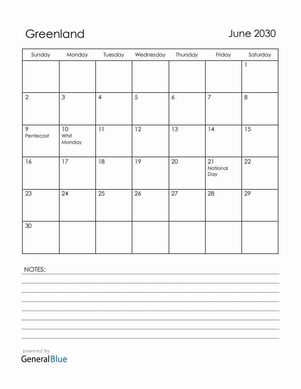 June 2030 Greenland Calendar with Holidays (Sunday Start)