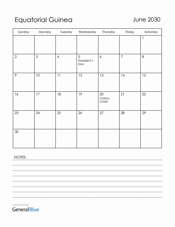 June 2030 Equatorial Guinea Calendar with Holidays (Sunday Start)