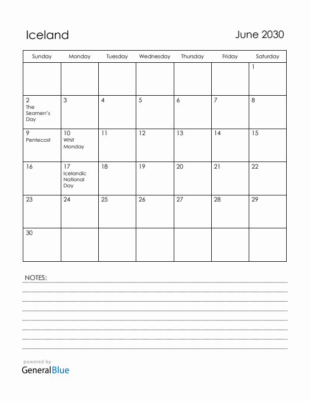 June 2030 Iceland Calendar with Holidays (Sunday Start)