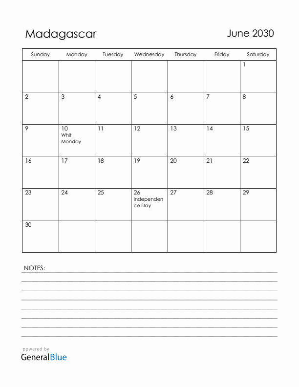 June 2030 Madagascar Calendar with Holidays (Sunday Start)