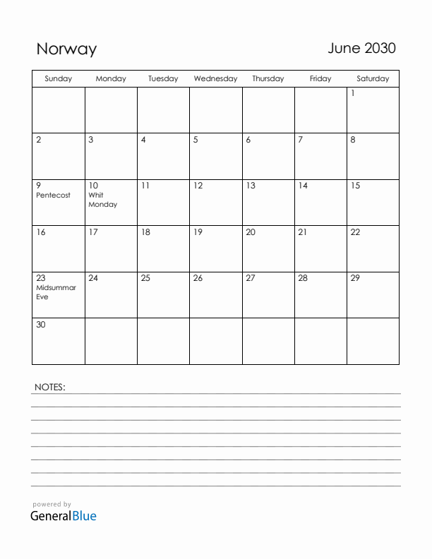 June 2030 Norway Calendar with Holidays (Sunday Start)