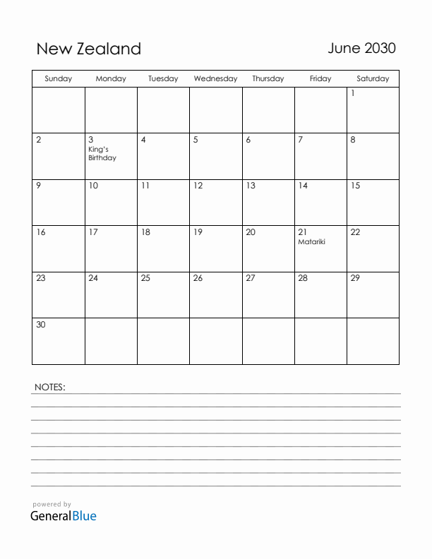 June 2030 New Zealand Calendar with Holidays (Sunday Start)