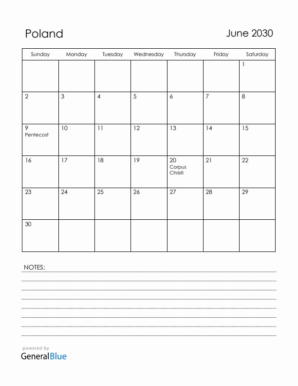 June 2030 Poland Calendar with Holidays (Sunday Start)