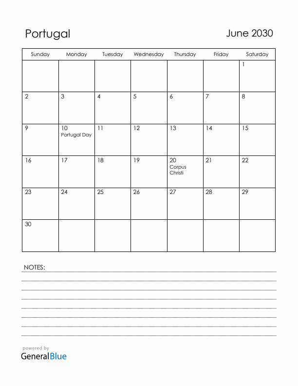 June 2030 Portugal Calendar with Holidays (Sunday Start)