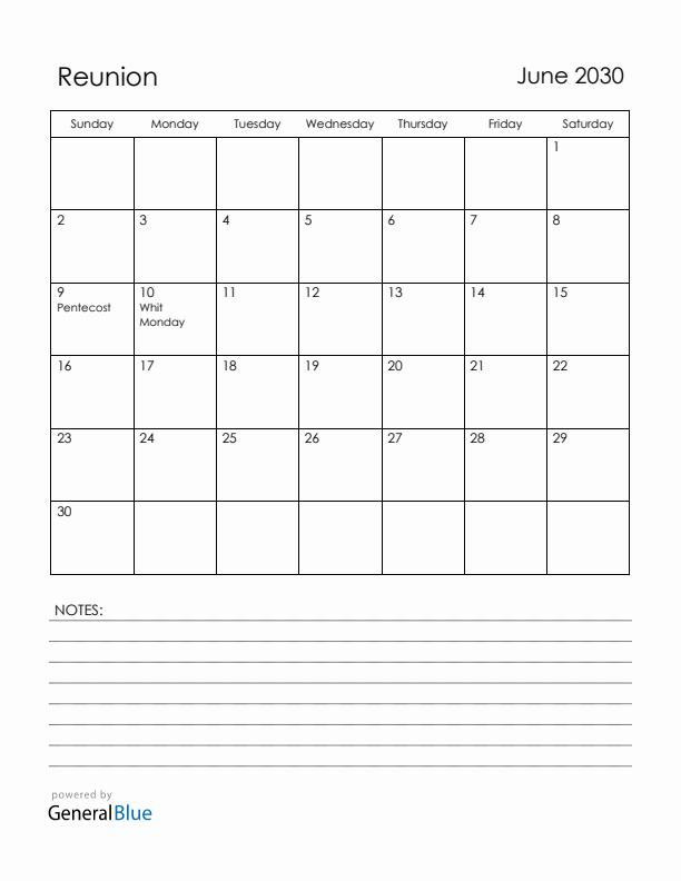 June 2030 Reunion Calendar with Holidays (Sunday Start)