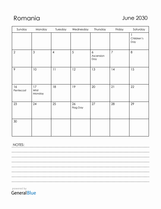 June 2030 Romania Calendar with Holidays (Sunday Start)