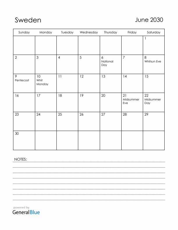 June 2030 Sweden Calendar with Holidays (Sunday Start)