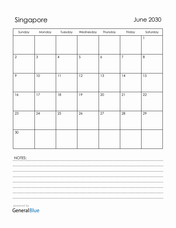 June 2030 Singapore Calendar with Holidays (Sunday Start)