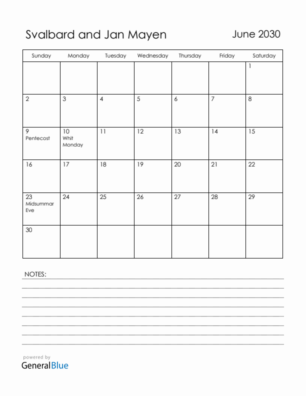 June 2030 Svalbard and Jan Mayen Calendar with Holidays (Sunday Start)