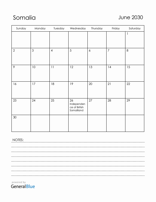 June 2030 Somalia Calendar with Holidays (Sunday Start)