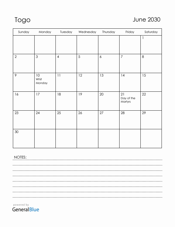 June 2030 Togo Calendar with Holidays (Sunday Start)