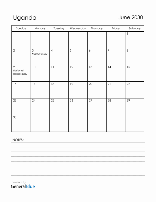 June 2030 Uganda Calendar with Holidays (Sunday Start)