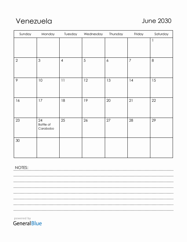 June 2030 Venezuela Calendar with Holidays (Sunday Start)