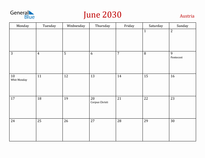 Austria June 2030 Calendar - Monday Start