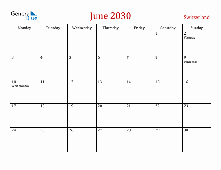 Switzerland June 2030 Calendar - Monday Start