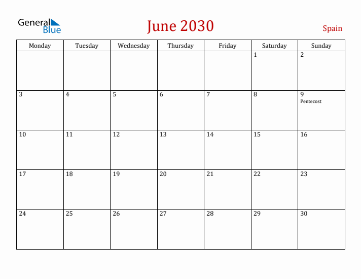 Spain June 2030 Calendar - Monday Start