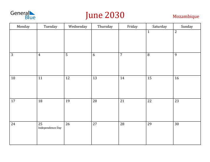 Mozambique June 2030 Calendar - Monday Start