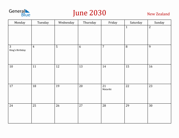 New Zealand June 2030 Calendar - Monday Start