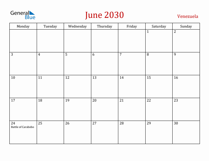 Venezuela June 2030 Calendar - Monday Start