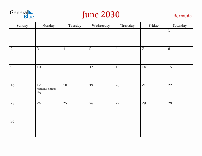 Bermuda June 2030 Calendar - Sunday Start