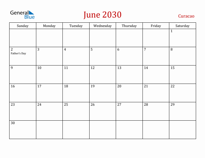 Curacao June 2030 Calendar - Sunday Start