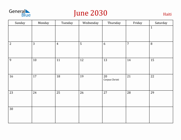 Haiti June 2030 Calendar - Sunday Start