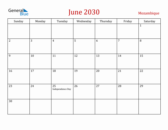 Mozambique June 2030 Calendar - Sunday Start