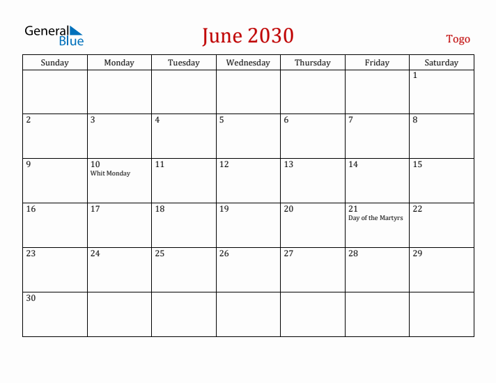 Togo June 2030 Calendar - Sunday Start