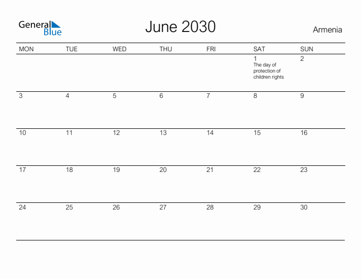 Printable June 2030 Calendar for Armenia