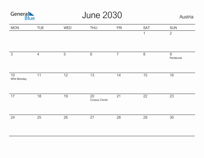 Printable June 2030 Calendar for Austria