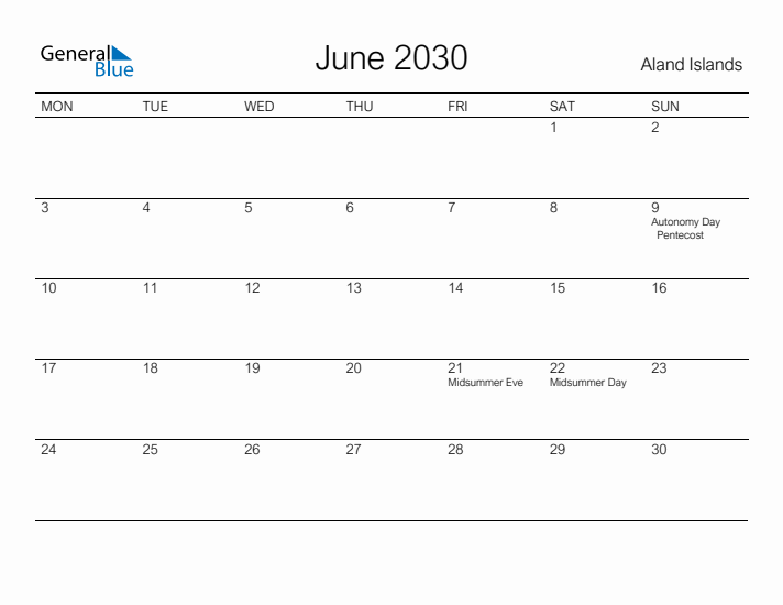 Printable June 2030 Calendar for Aland Islands