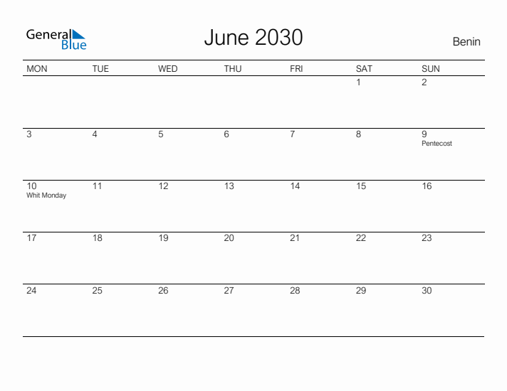 Printable June 2030 Calendar for Benin