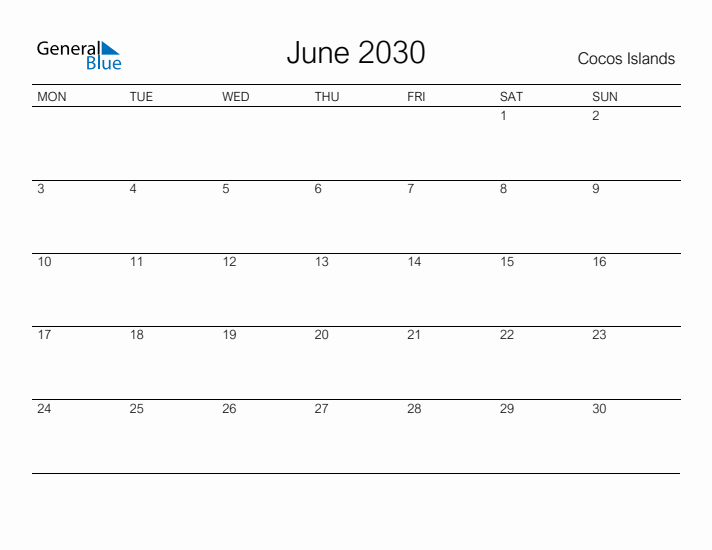 Printable June 2030 Calendar for Cocos Islands